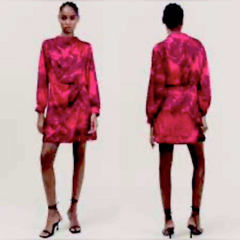 NWT Zara Satin faux Wrap Dress Cerise/Floral abstract pattern Ladies size M